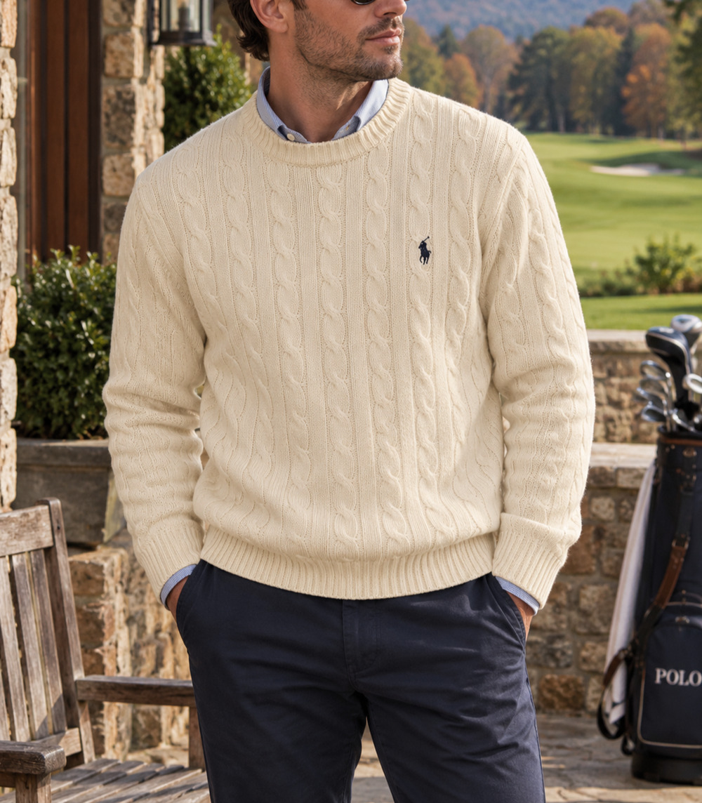 Polo Ralph Lauren Cable Knit Sweater Men's L Cream Wool Cashmere Pony